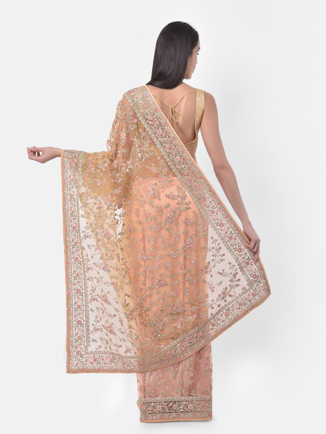 Neerus Yellow net embroidered saree - back view
