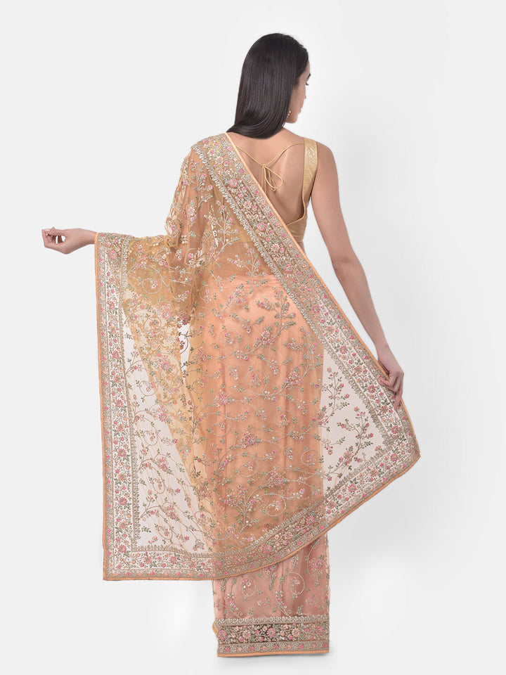 Neerus Yellow net embroidered saree - back view