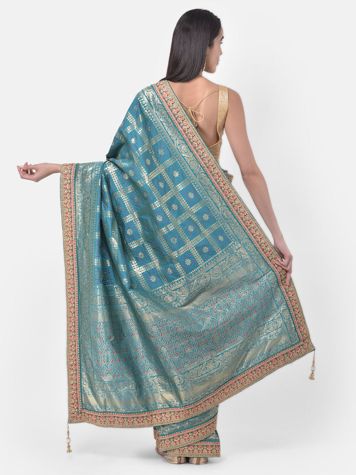 Neerus Green Banarasi woven saree - back view