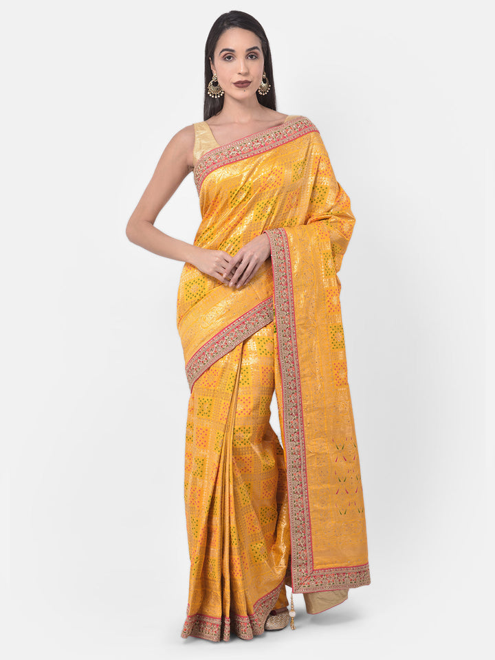 Neerus Yellow Banarasi woven saree - front view