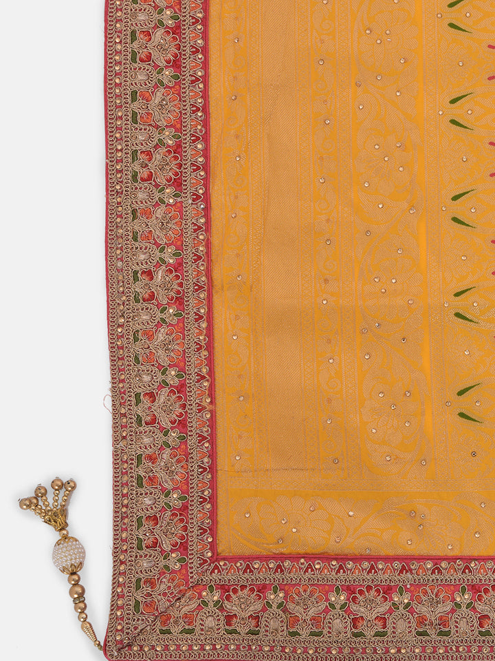 Neerus Yellow Banarasi woven saree - detail view 1