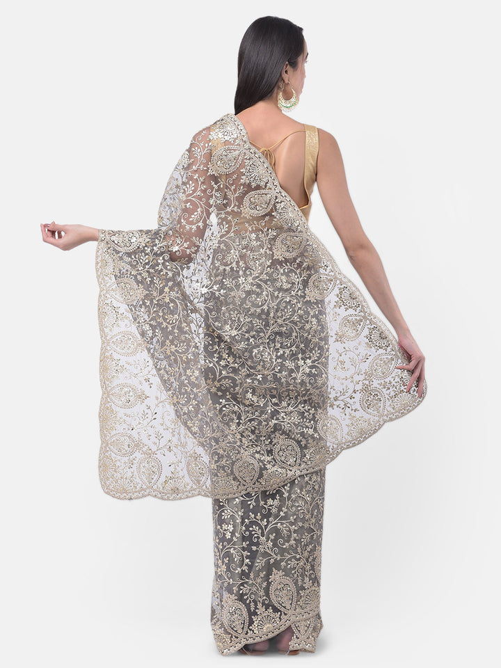 Neerus Grey net embellished saree - back view