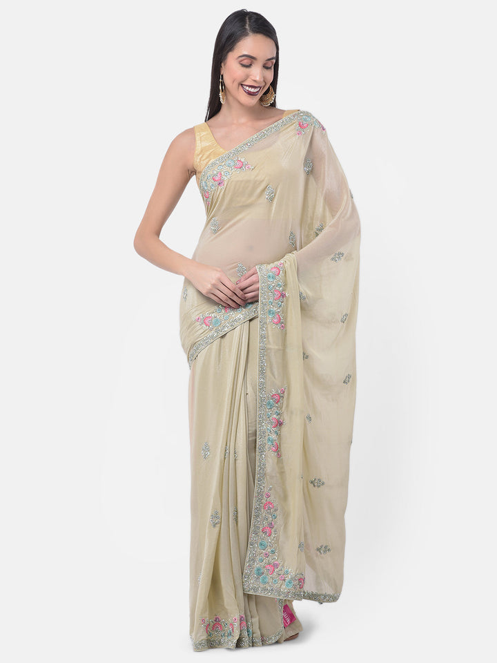 Neerus Green Crepe Solid Saree - front view