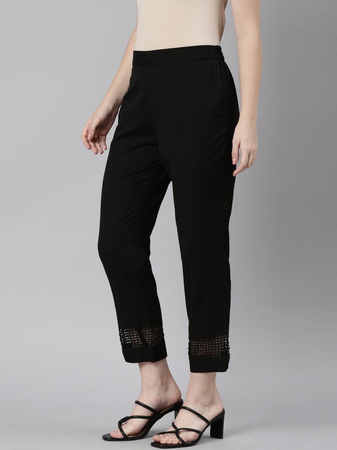 Neerus Black solid straight pant - back view