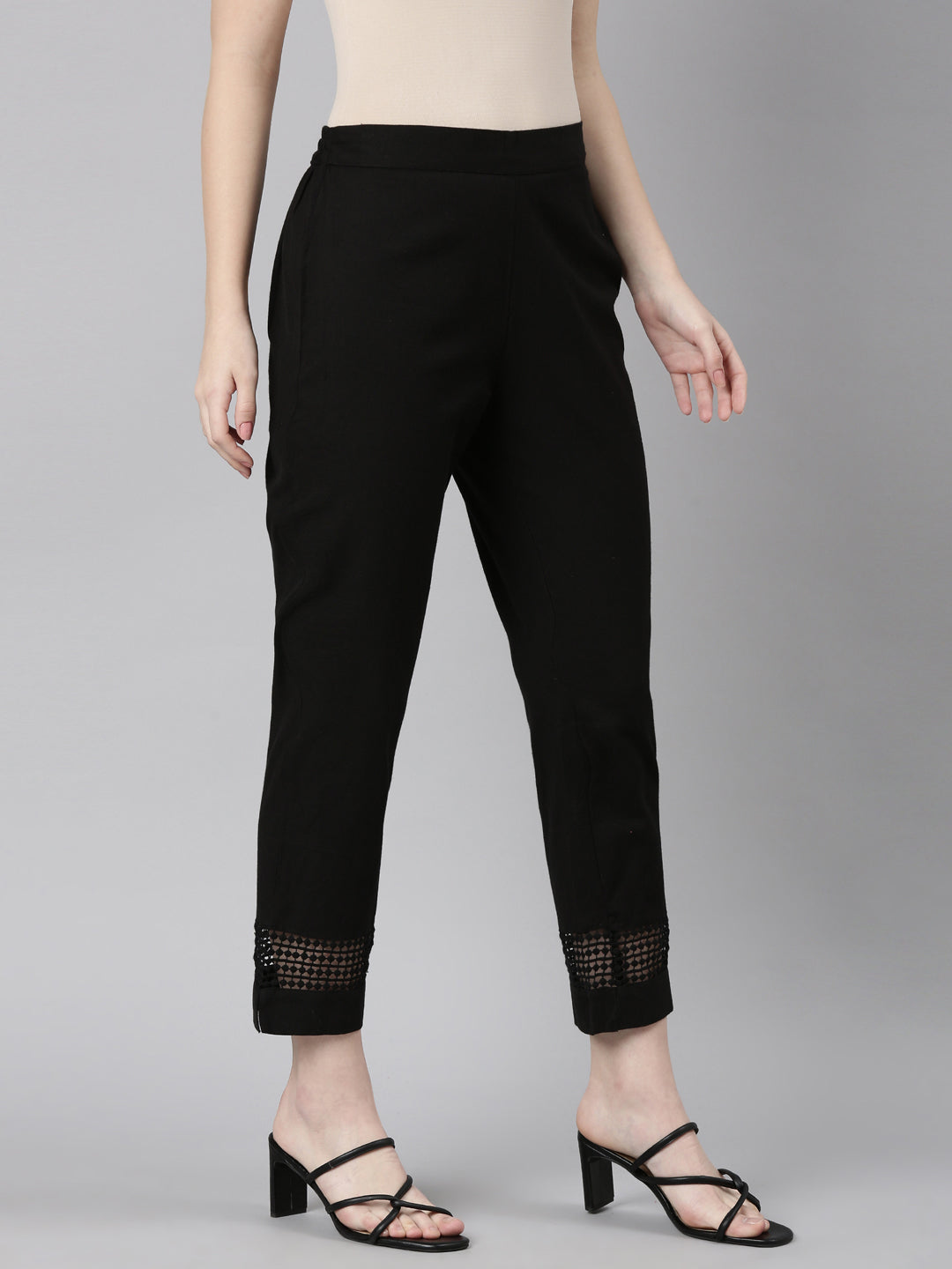 Neerus Black solid straight pant - side view