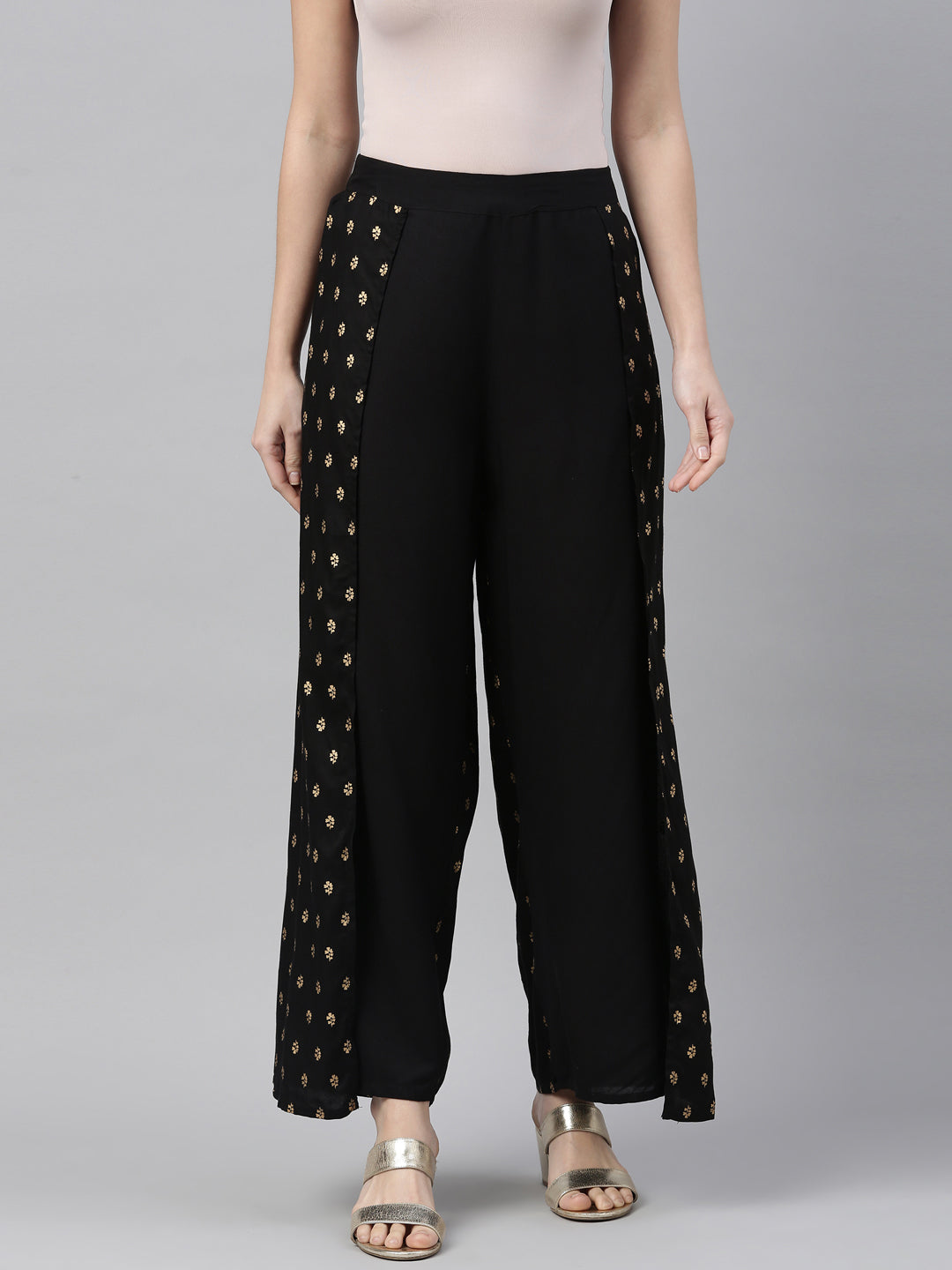 Neerus Black rayon solid palazzo bottom - back view
