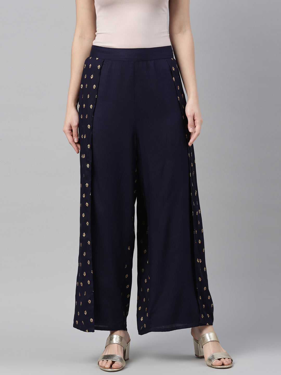 Neerus Blue polyester solid palazzo bottom - back view