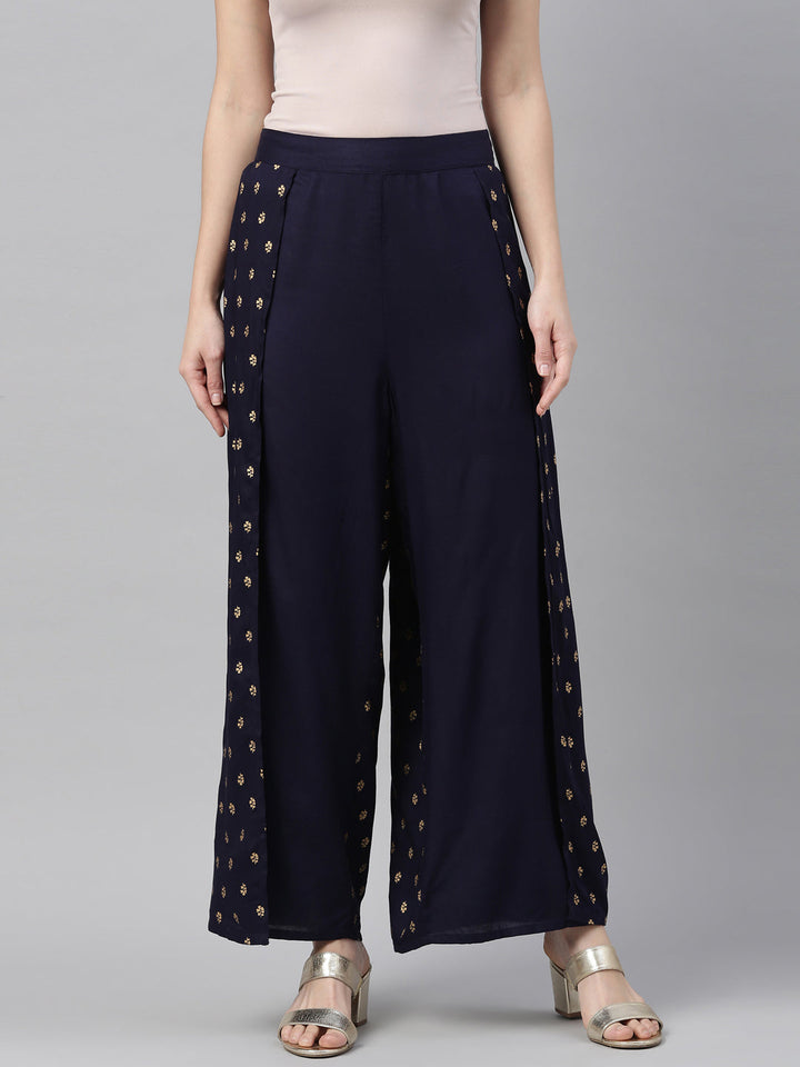 Neerus Blue polyester solid palazzo bottom - back view