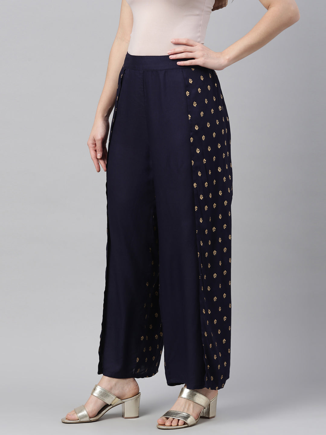 Neerus Blue polyester solid palazzo bottom - side view