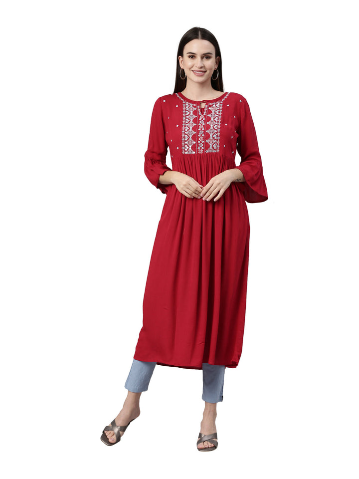 Neerus Maroon rayon solid kurta - front view