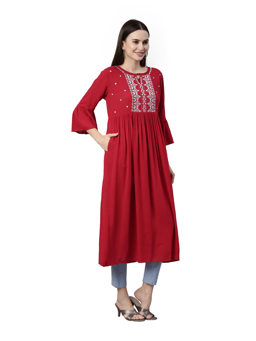 Neerus Maroon rayon solid kurta - detail view 1