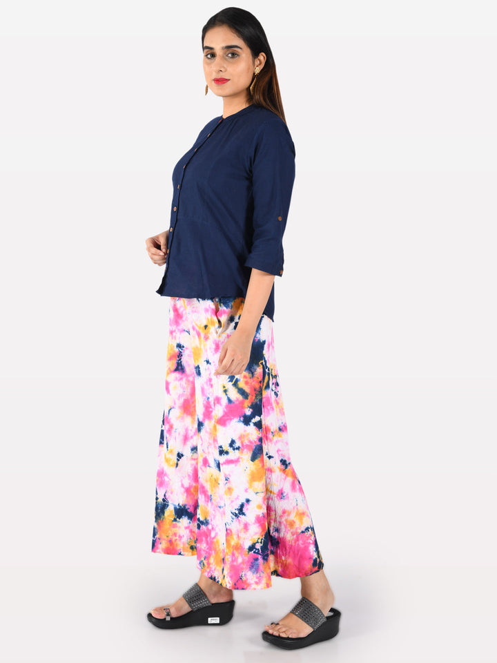 Neerus Blue cotton printed kurta set with palazzo - back view