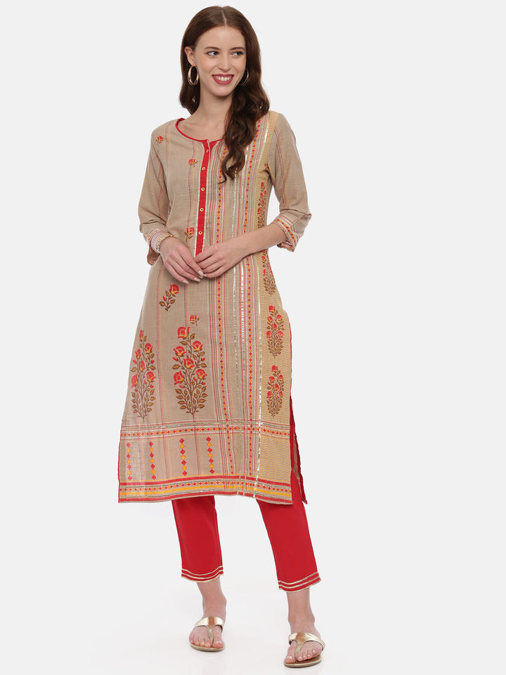 Neerus Beige cotton printed kurta set - front view