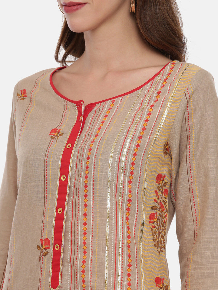 Neerus Beige cotton printed kurta set - back view