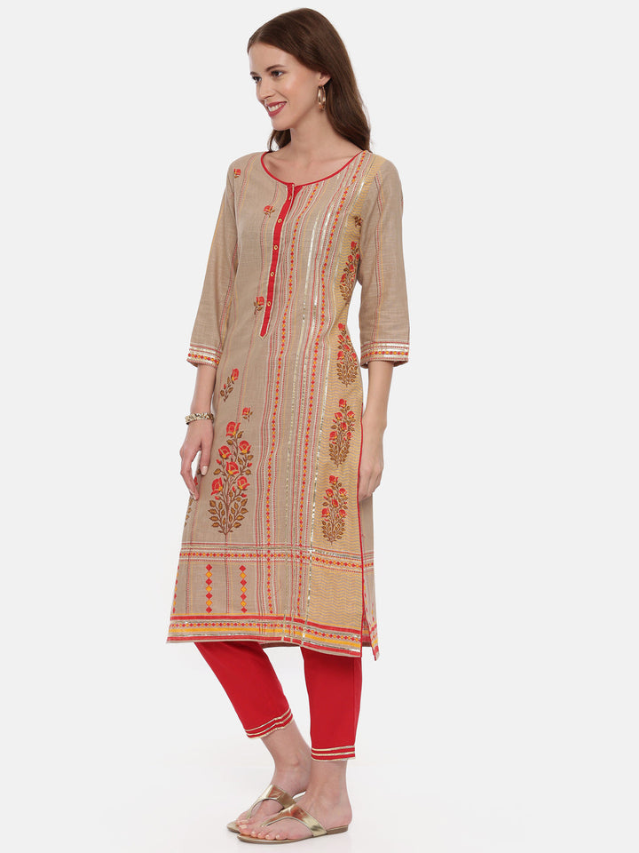Neerus Beige cotton printed kurta set - side view