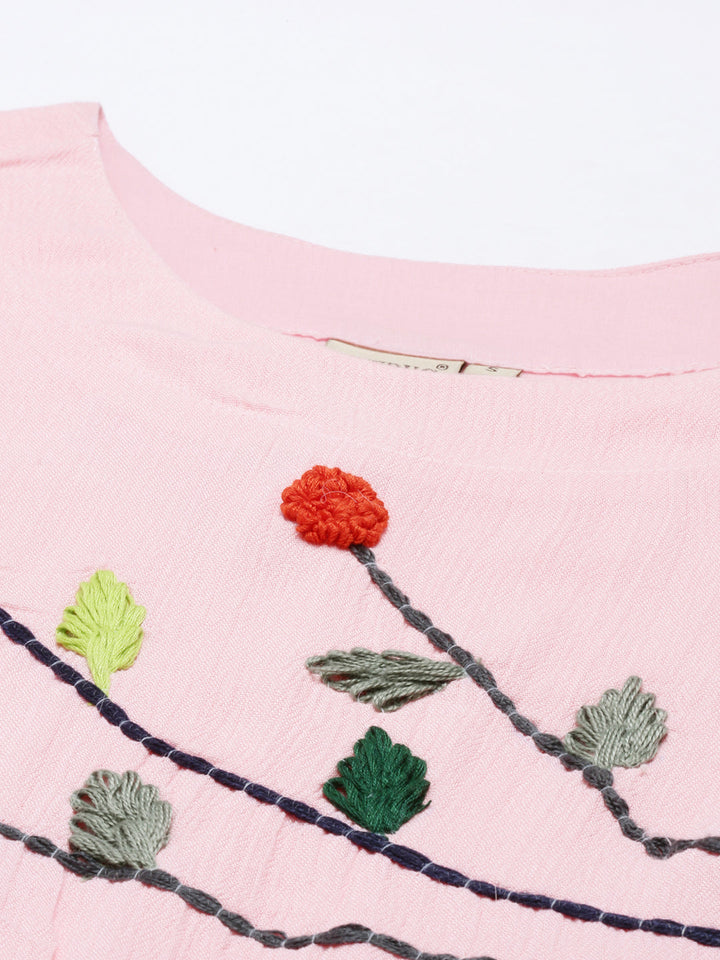 Neerus Pink rayon thread embroidered kurti - detail view 1