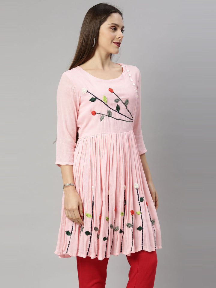 Neerus Pink rayon thread embroidered kurti - detail view 2