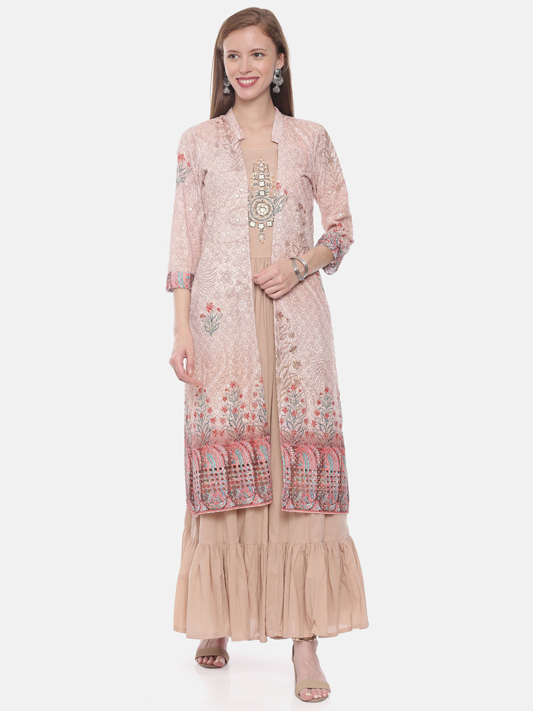 Neerus Orange embellished A-Line Kurti with shrug - front view
