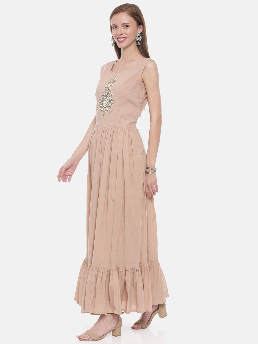 Neerus Orange embellished A-Line Kurti with shrug - side view