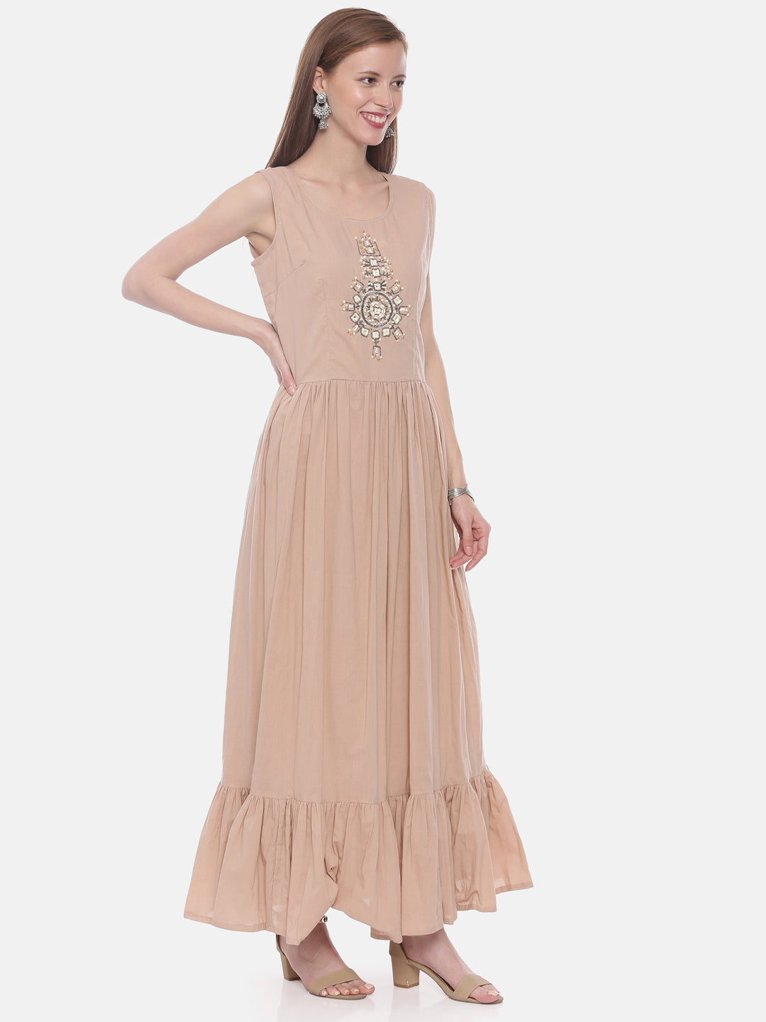 Neerus Orange embellished A-Line Kurti with shrug - detail view 1