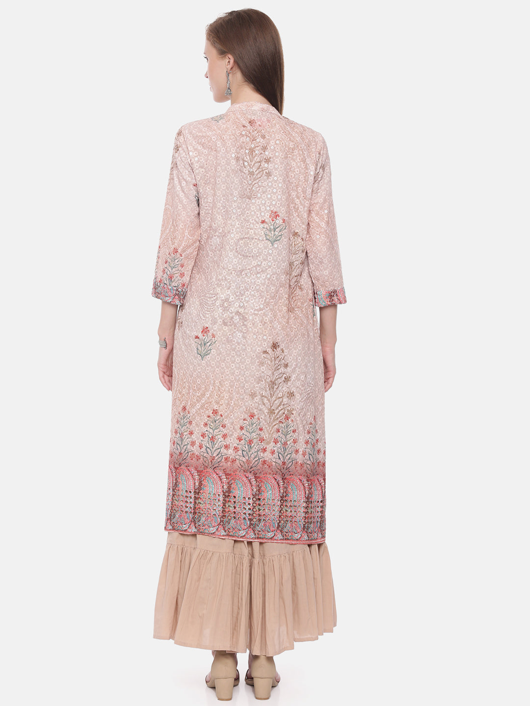 Neerus Orange embellished A-Line Kurti with shrug - detail view 2