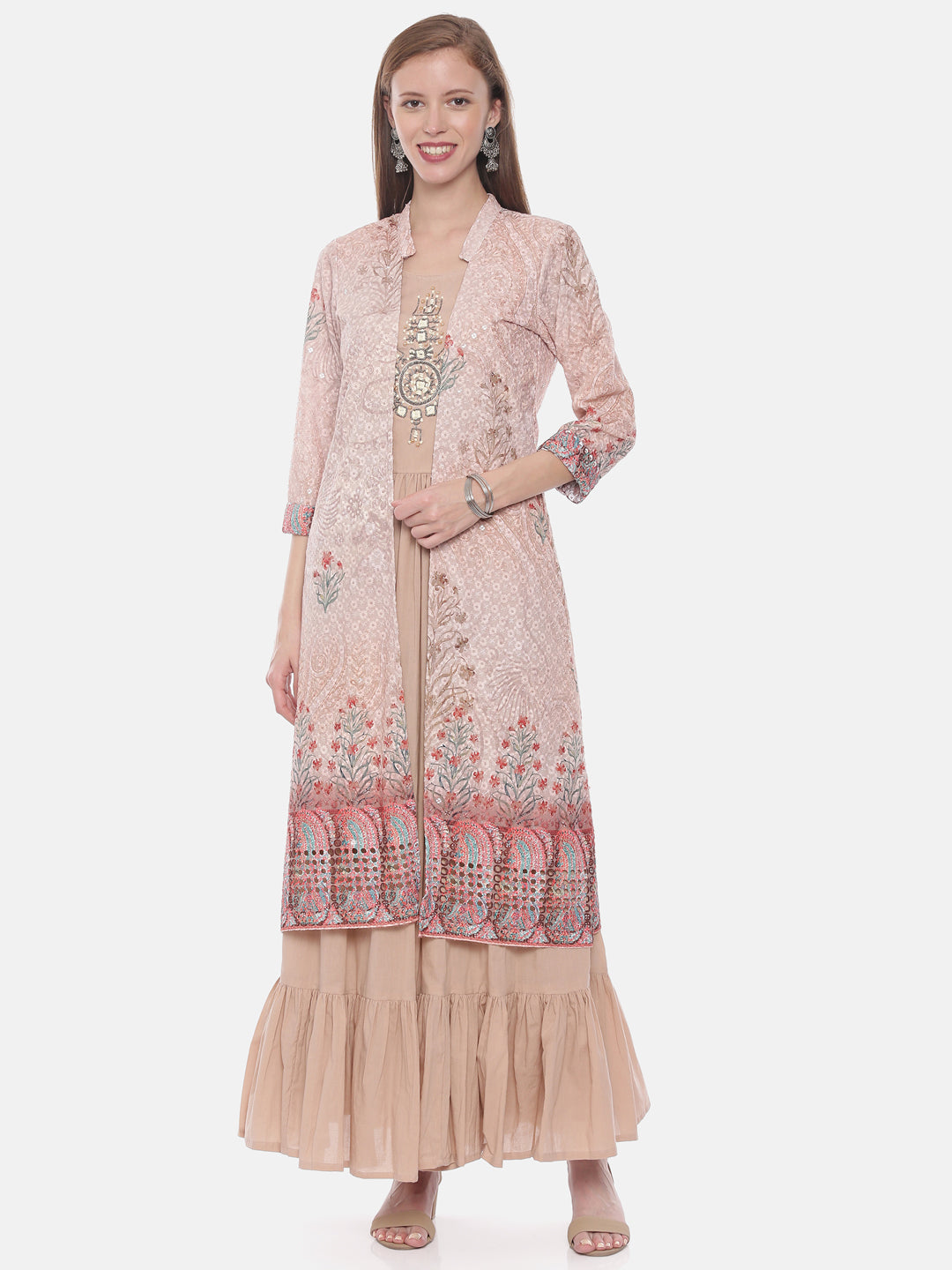 Neerus Orange embellished A-Line Kurti with shrug - detail view 3