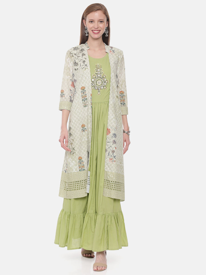Neerus Green embellished A-line kurta with shrug - detail view 4
