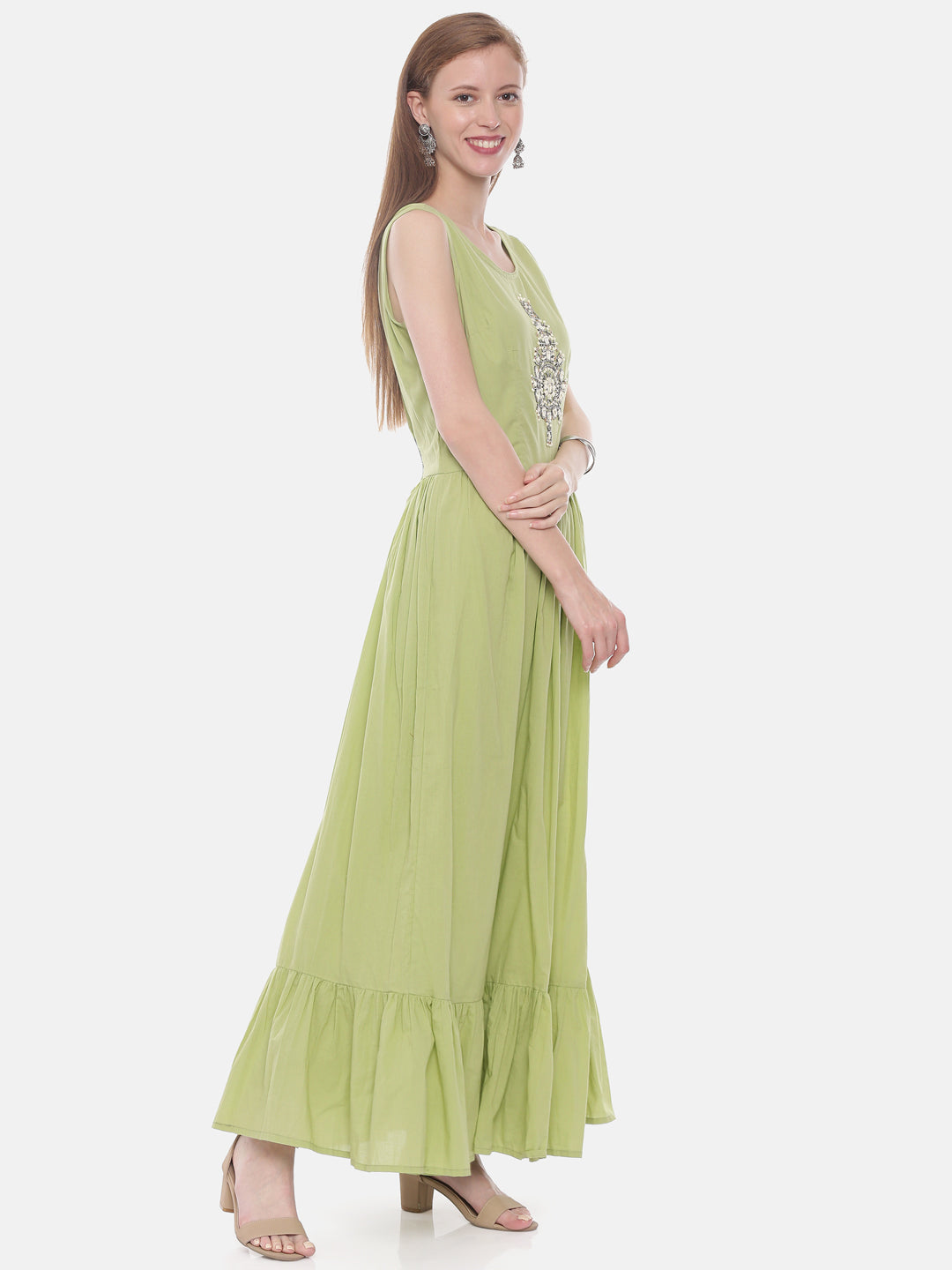 Neerus Green embellished A-line kurta with shrug - detail view 1