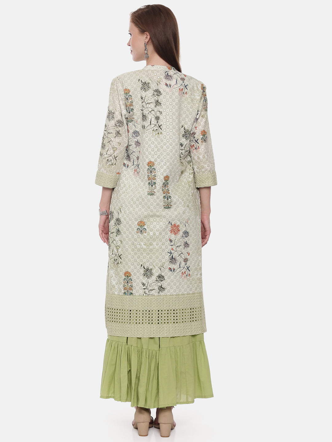 Neerus Green embellished A-line kurta with shrug - detail view 2