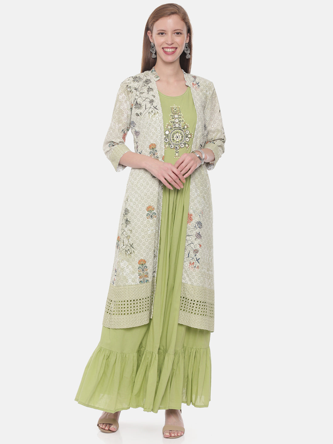 Neerus Green embellished A-line kurta with shrug - detail view 3