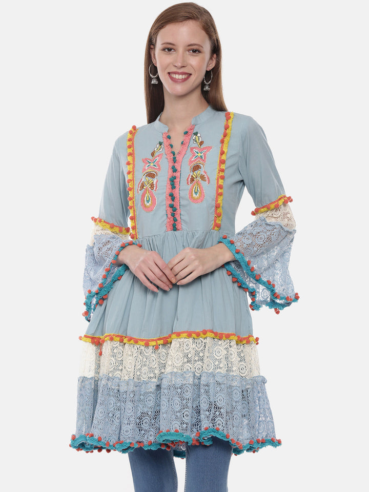 Neerus Blue cotton embroidered flared kurti - detail view 3