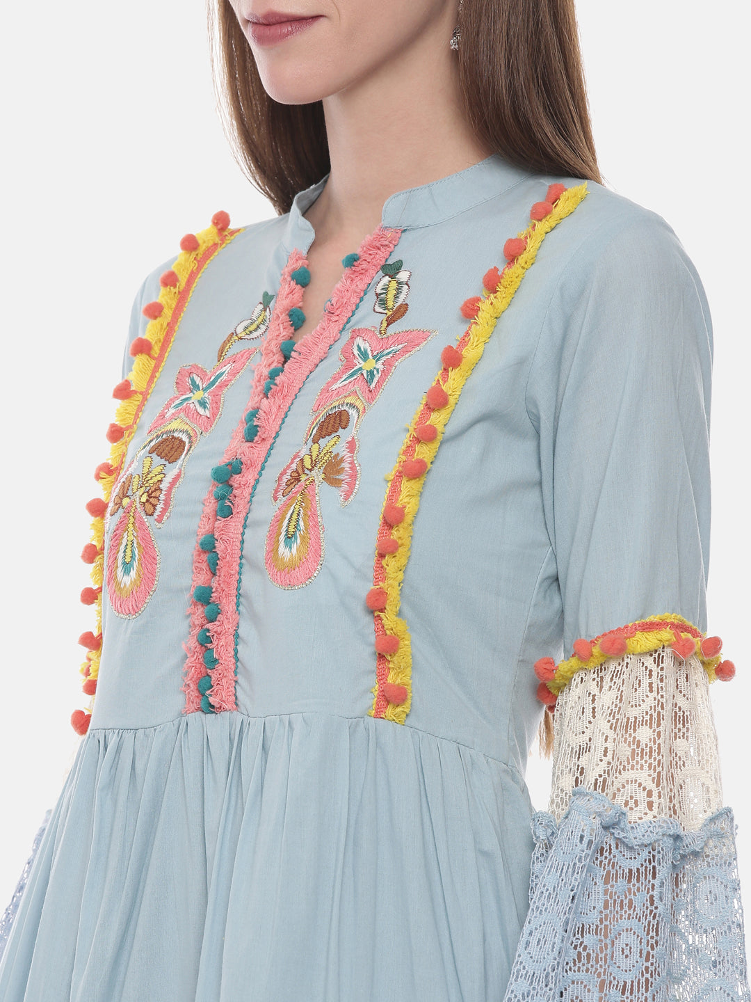 Neerus Blue cotton embroidered flared kurti - back view