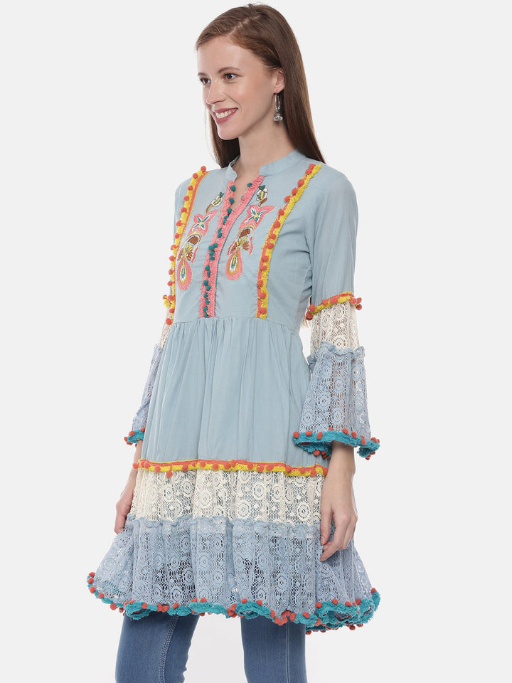 Neerus Blue cotton embroidered flared kurti - side view