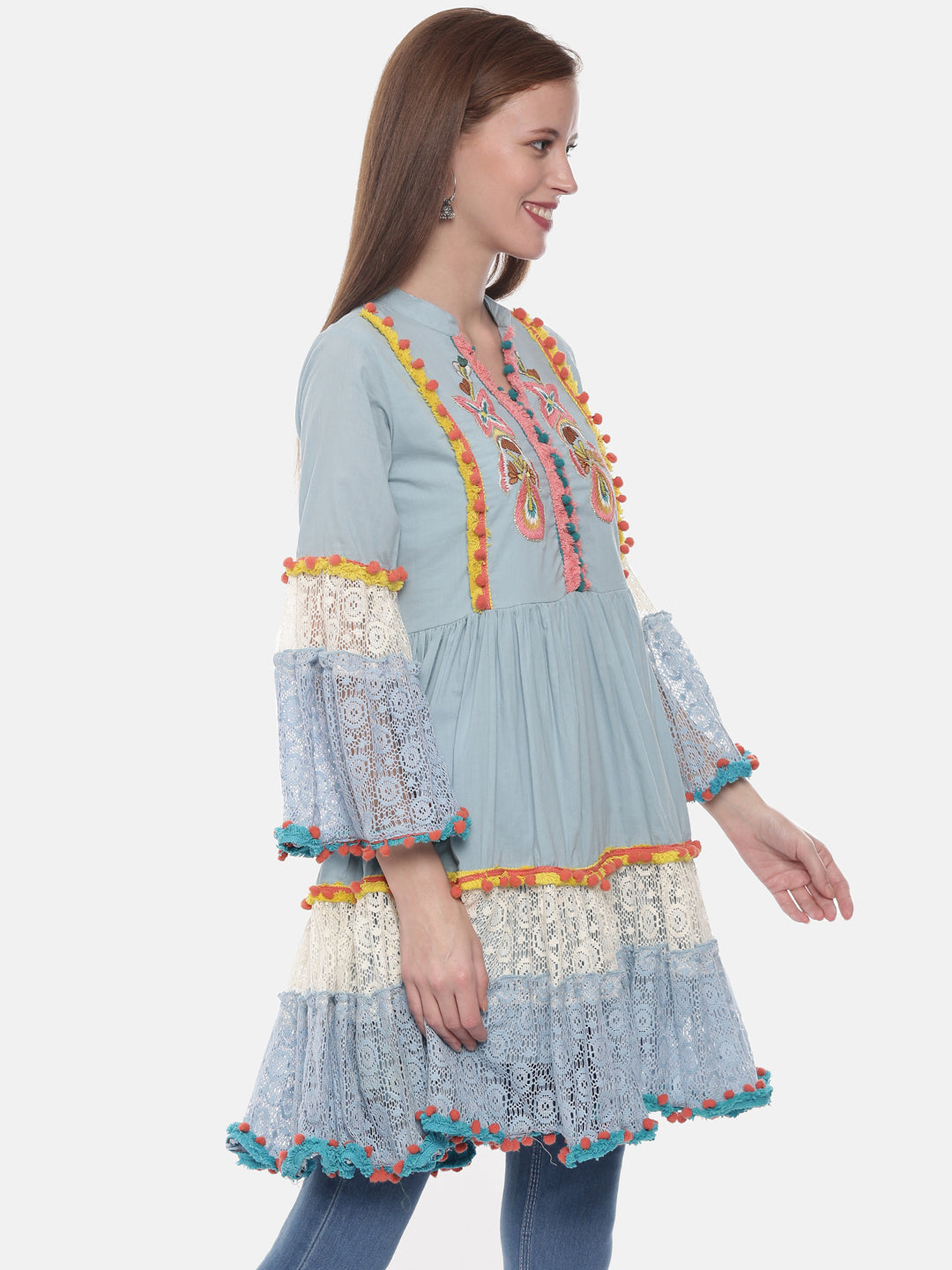 Neerus Blue cotton embroidered flared kurti - detail view 1