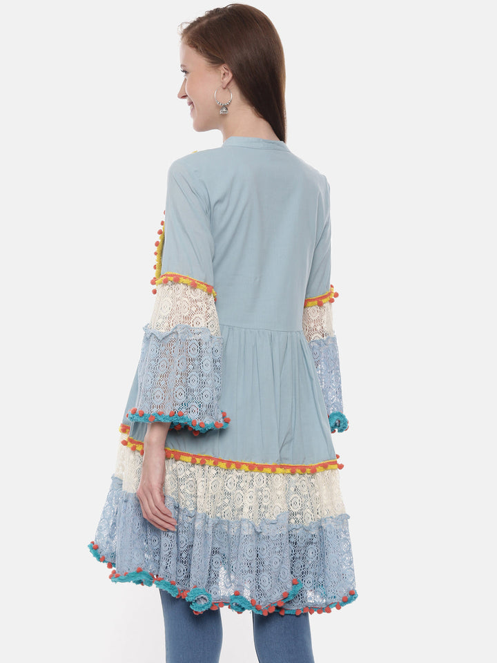 Neerus Blue cotton embroidered flared kurti - detail view 2