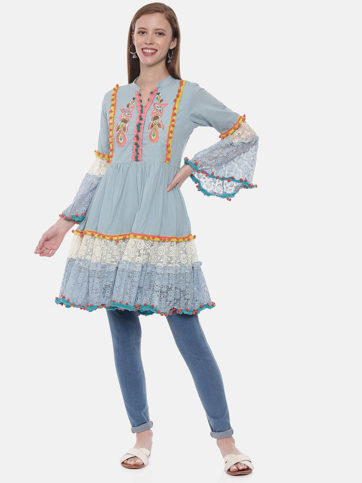 Neerus Blue cotton embroidered flared kurti - front view
