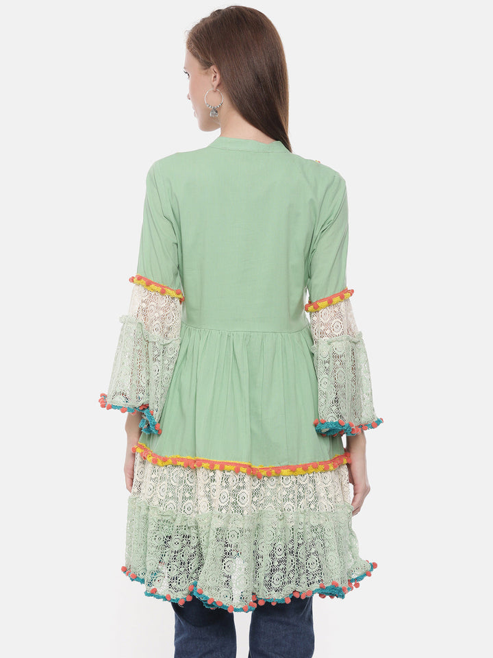 Neerus Green cotton embroidered flared kurta - detail view 2