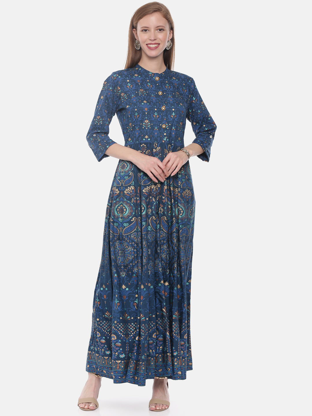 Neerus Blue rayon printed anarkali kurti - front view