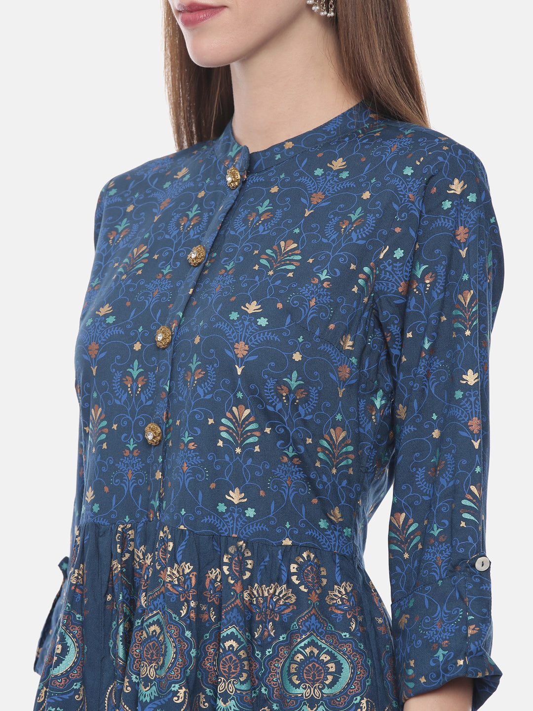 Neerus Blue rayon printed anarkali kurti - back view