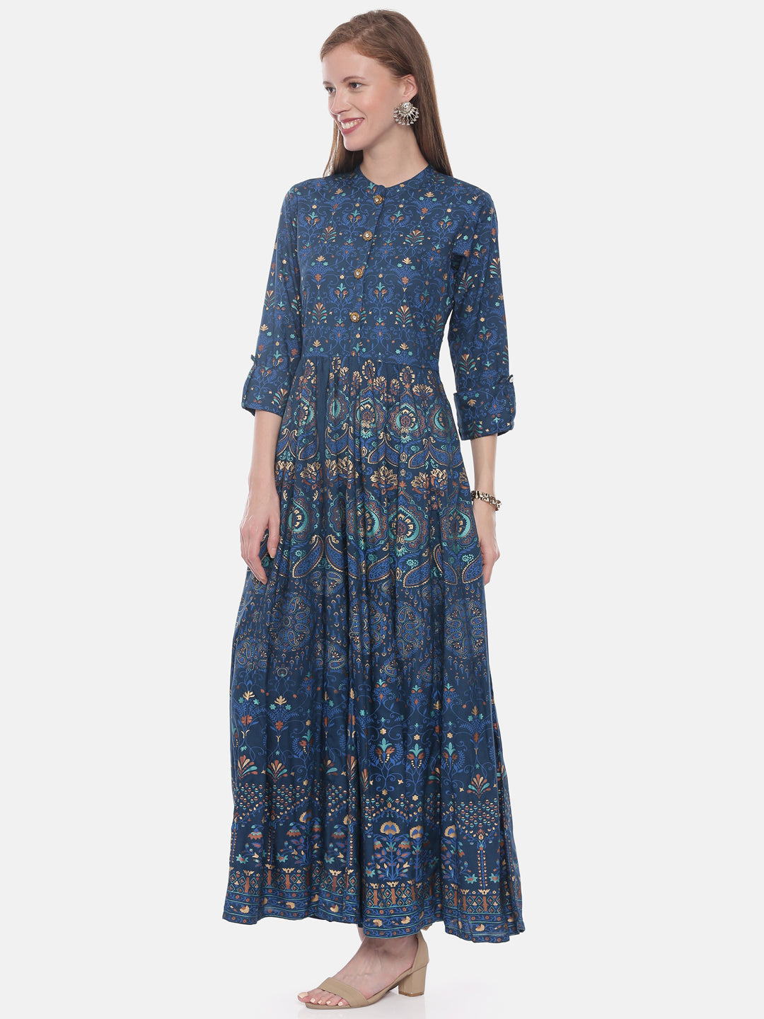 Neerus Blue rayon printed anarkali kurti - side view
