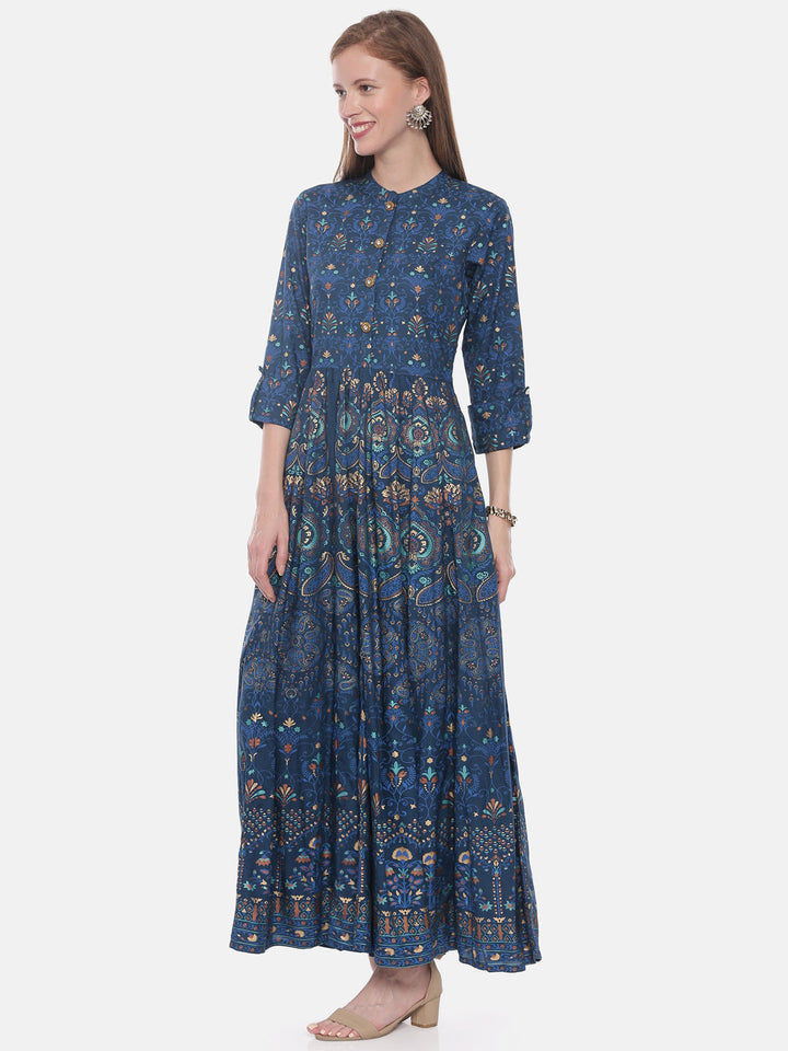 Neerus Blue rayon printed anarkali kurti - side view