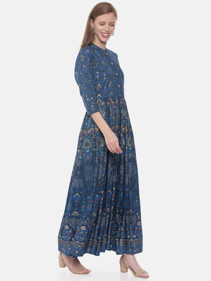 Neerus Blue rayon printed anarkali kurti - detail view 1