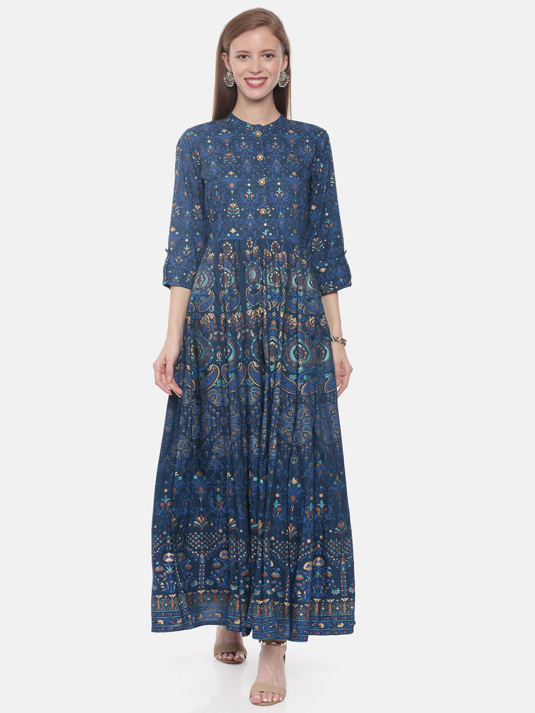 Neerus Blue rayon printed anarkali kurti - detail view 3