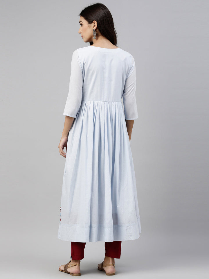 Neerus Blue cotton solid kurti tunic - detail view 2