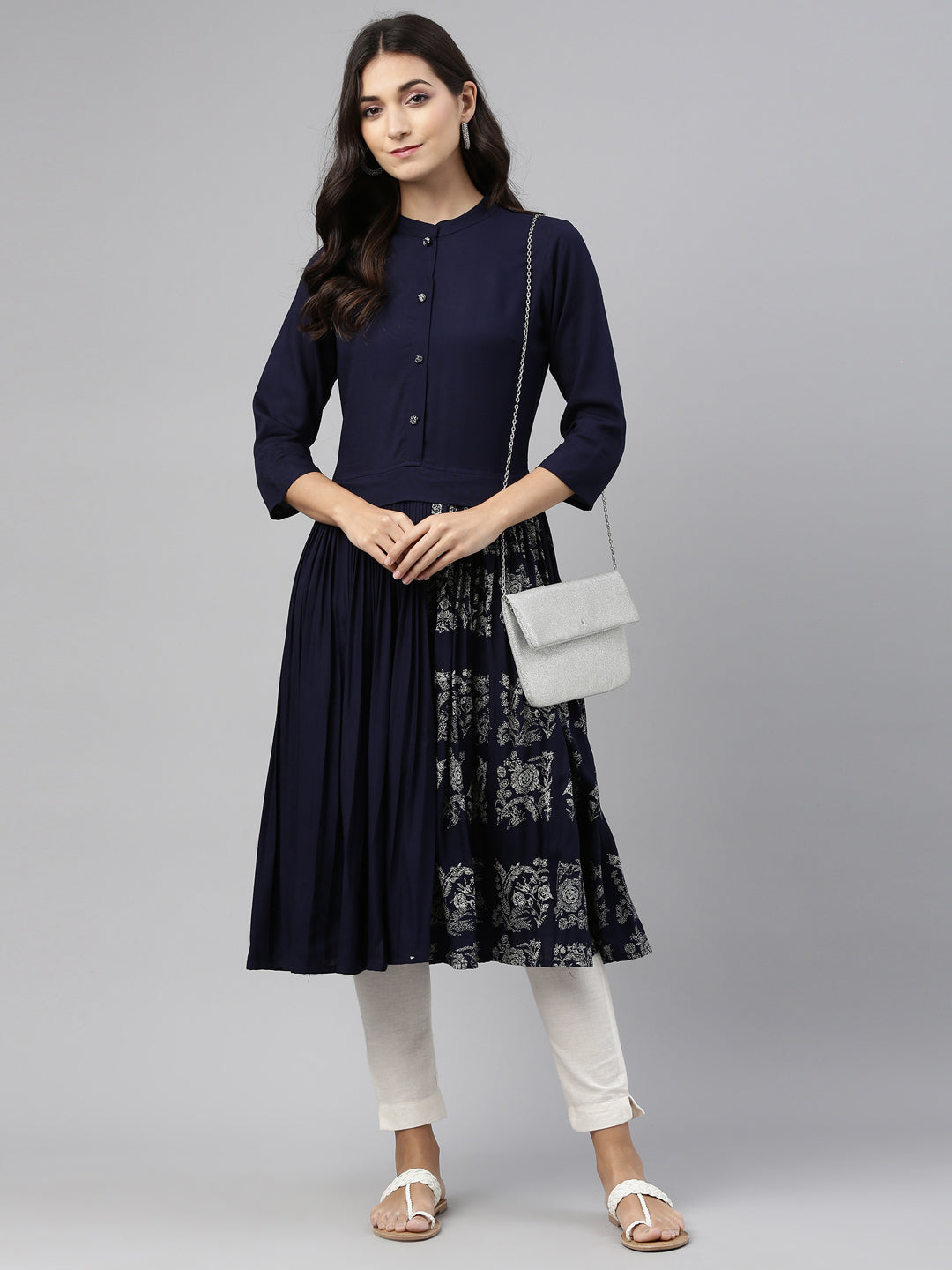Neerus Blue Rayon Solid Kurti - front view