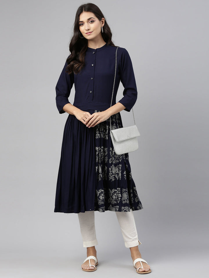 Neerus Blue Rayon Solid Kurti - front view