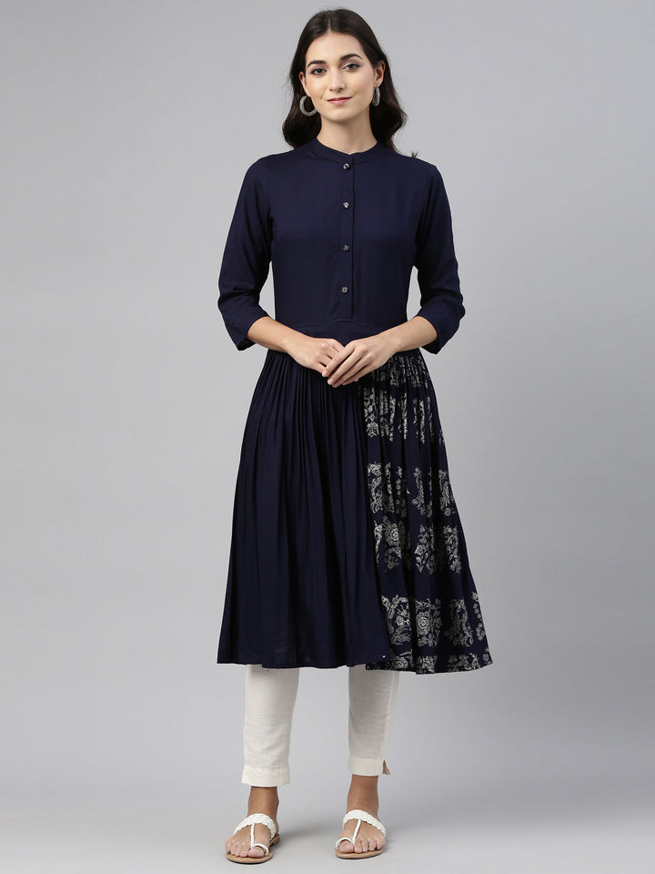 Neerus Blue Rayon Solid Kurti - detail view 4