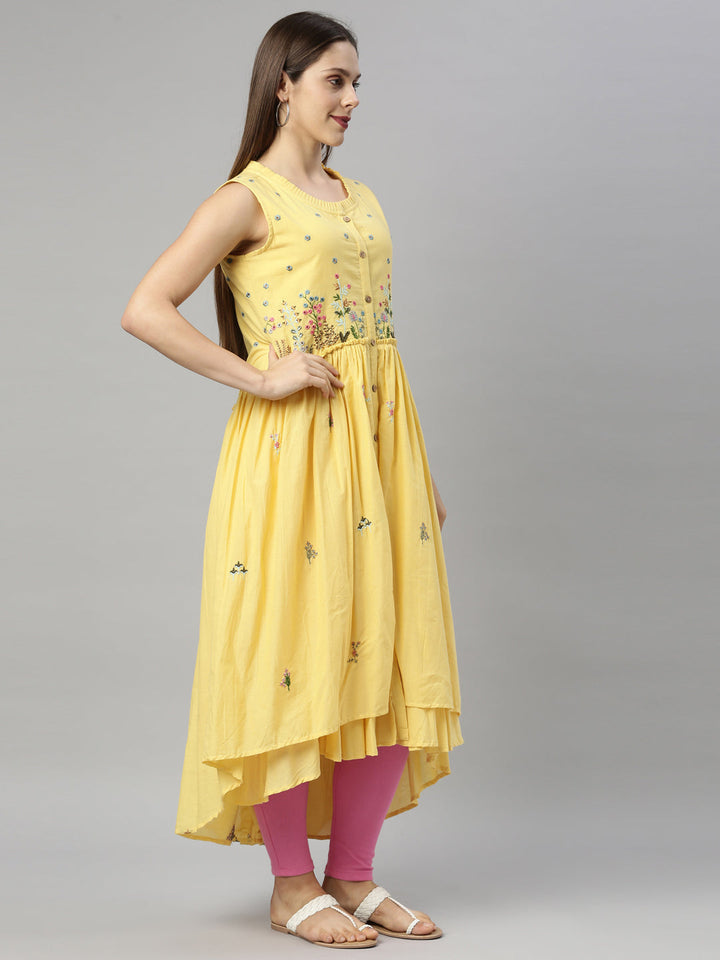 Neerus Yellow cotton solid kurti - detail view 1