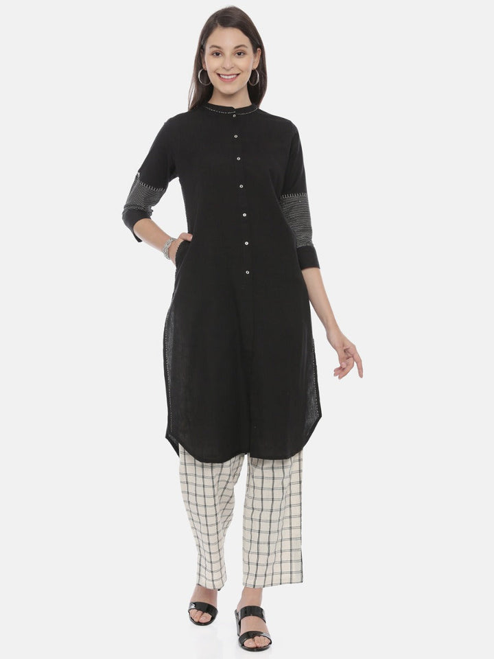 Neerus Black cotton zari kurta set with palazzo - front view