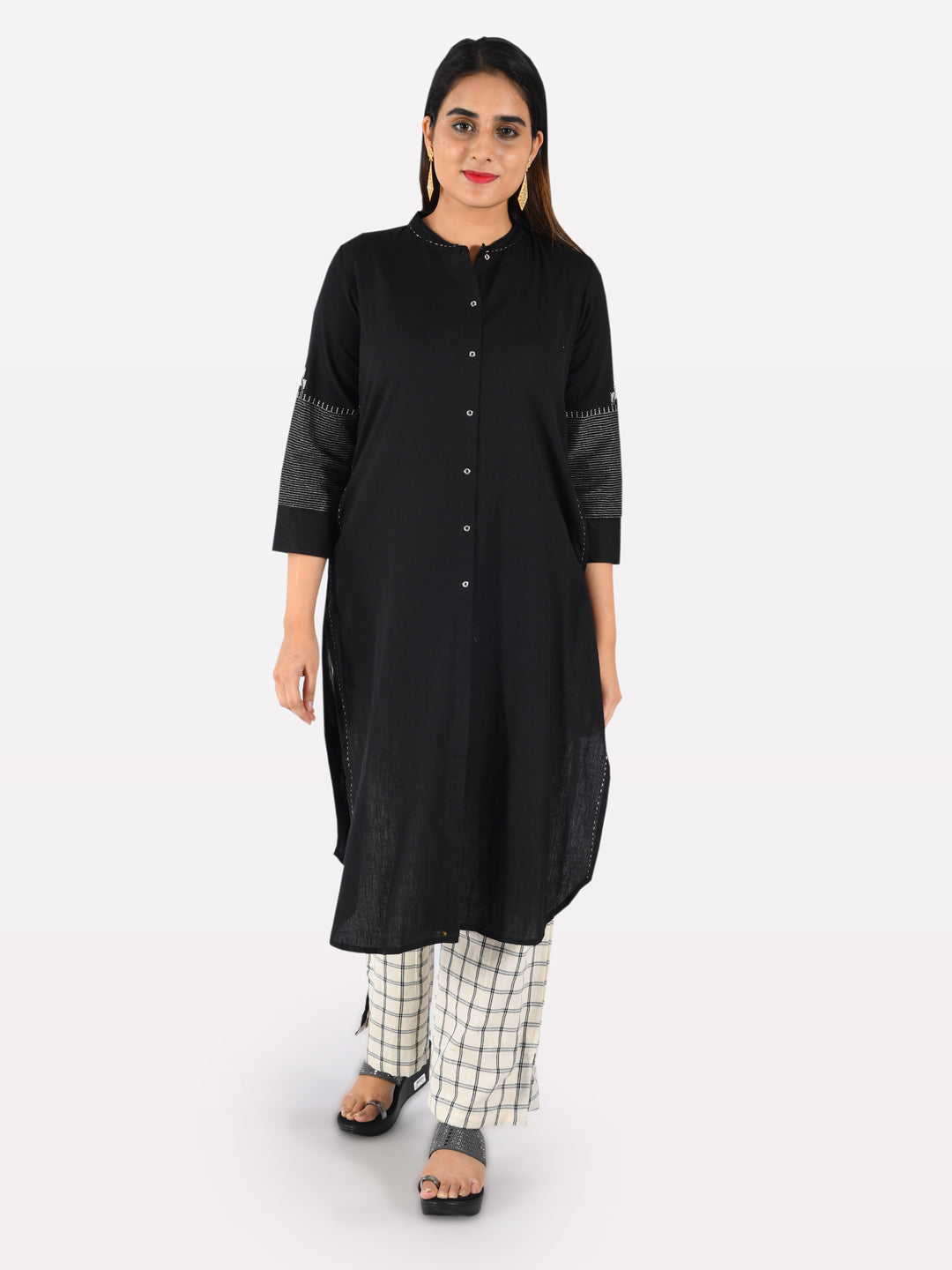 Neerus Black cotton zari kurta set with palazzo - detail view 5